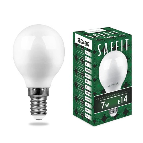 Лампа светодиодная Saffit SBG4507 шар E14 7W 6400K 55123 изображение в интернет-магазине Cramer Light