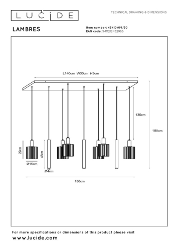 Подвесной светильник Lucide Lambres 45410/09/30 изображение в интернет-магазине Cramer Light фото 4