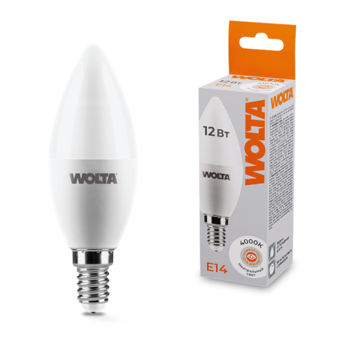 Светодиодная лампа WOLTA 12Вт 4000K Е14 свеча матовая 25SC12E14 изображение в интернет-магазине Cramer Light