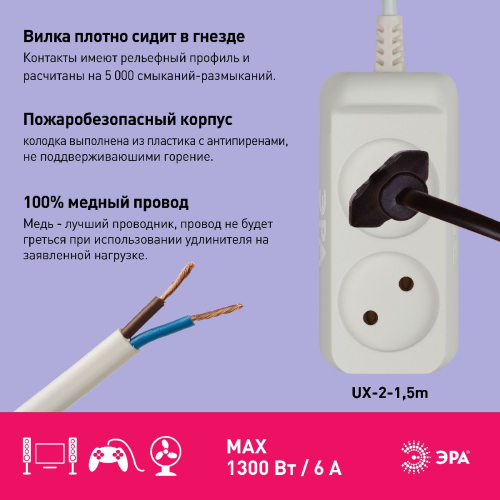 Удлинитель электрический Эра UX-2-1,5m Б0038557 дополнительное фото фото 4