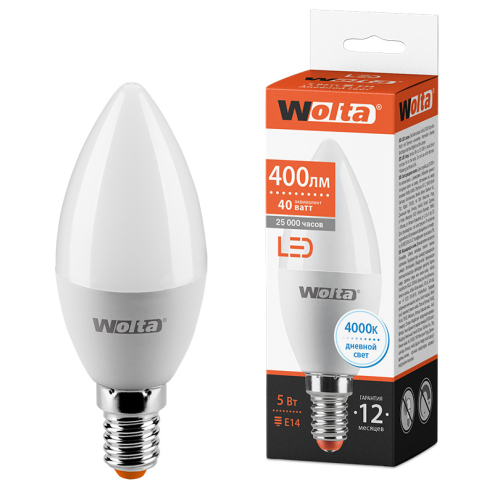 Светодиодная лампа WOLTA 5Вт 4000K E14 свеча матовая 25SC5E14 изображение в интернет-магазине Cramer Light