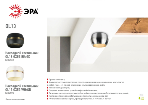 Накладной светильник ЭРА OL13 GX53 BK/GD Б0049036 изображение в интернет-магазине Cramer Light фото 2