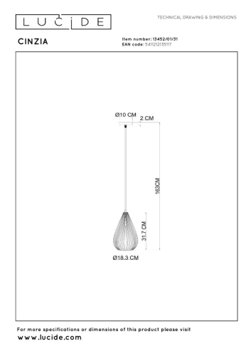 Подвесной светильник Lucide Cinzia 13452/01/31 изображение в интернет-магазине Cramer Light фото 3