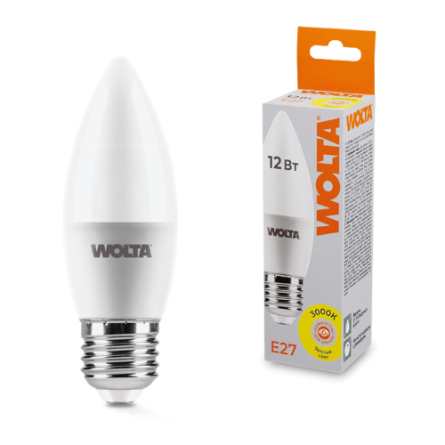 Светодиодная лампа WOLTA 12Вт 3000K Е27 свеча матовая 25YC12E27 изображение в интернет-магазине Cramer Light